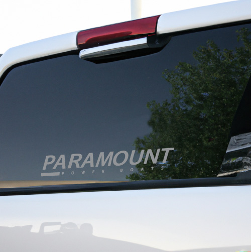 Gray Paramount decal on truck window